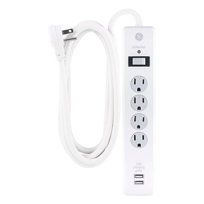 GE 4-Outlet 2-USB 8ft. Surge Protector With Twist-To-Close Safety Covers, White