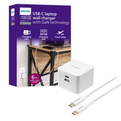 Philips Dual Port USB-C Laptop Wall Charger, White