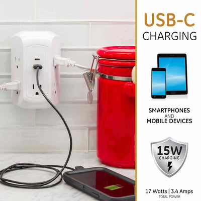 GE 5-Outlet 2-USB Wall Tap with Surge Protection and USB-C, White