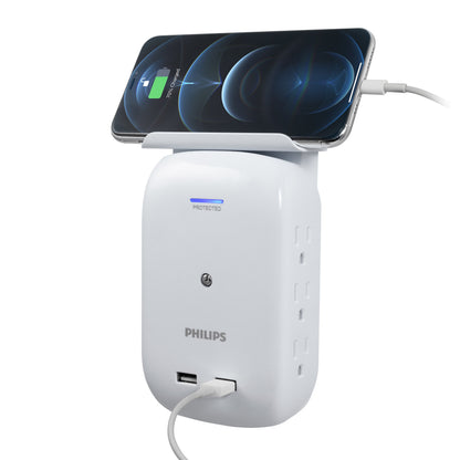 Philips Outlet 2-USB Wall Tap With Surge Protection And Device Shelf, White