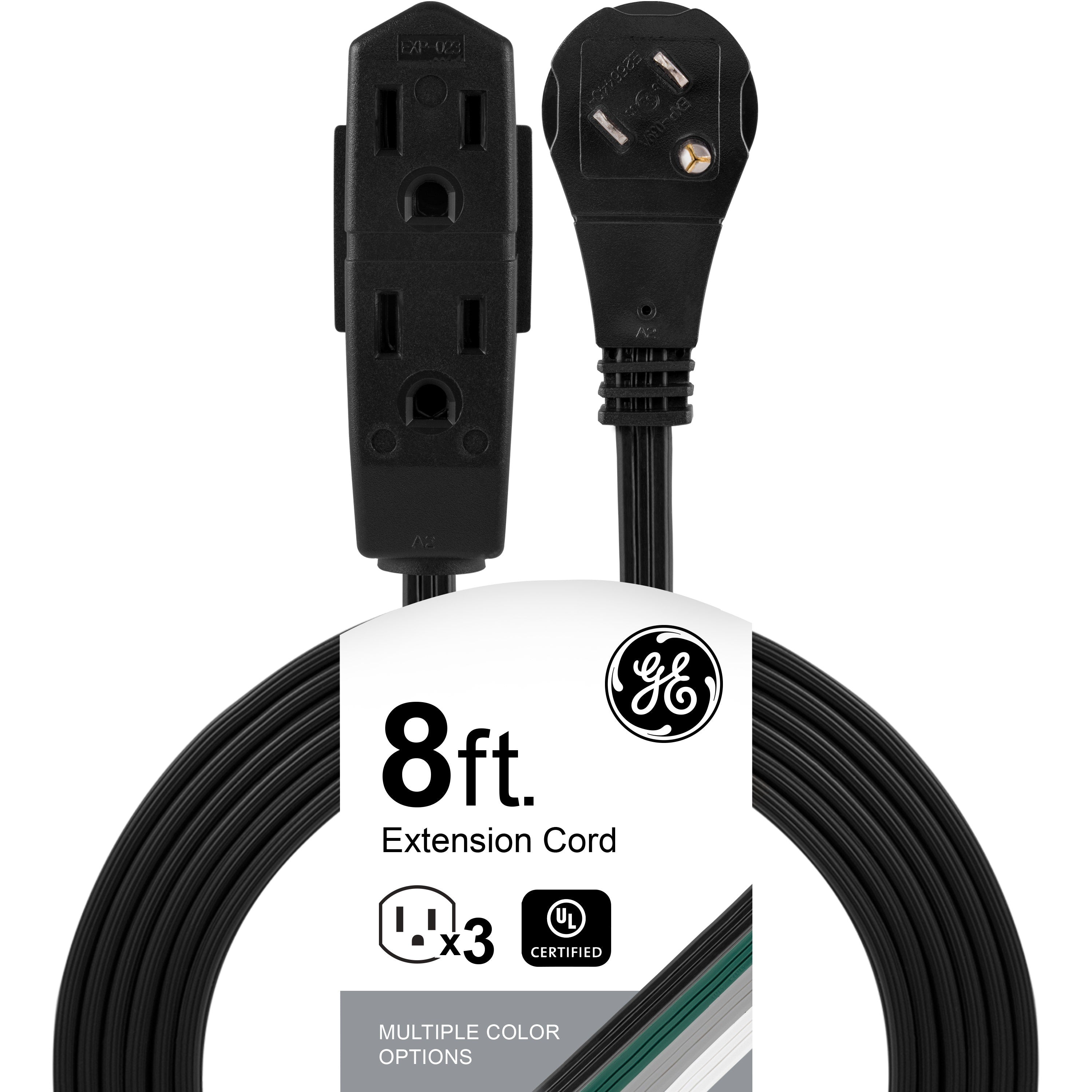 GE 3-Outlet 8ft. Extension Cord with Right-Angle Plug, Black