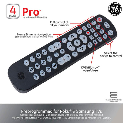GE 4-Device Backlit Universal Remote, Black
