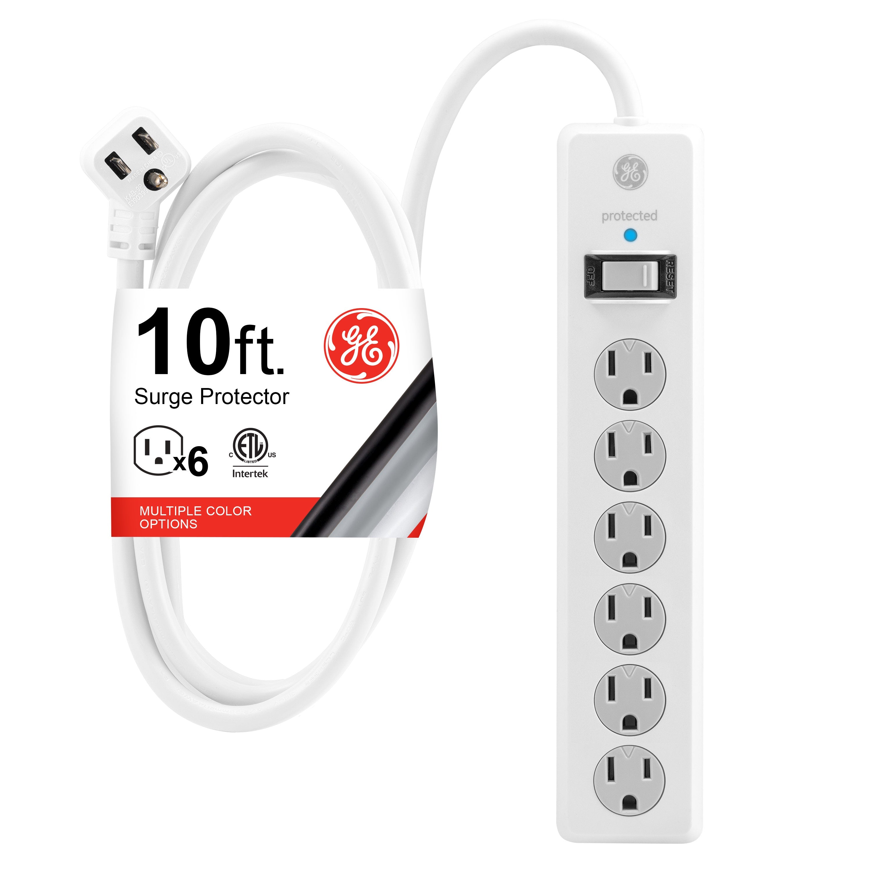 GE 6-Outlet 10ft. Surge Protector With Twist-To-Close Safety Covers, White