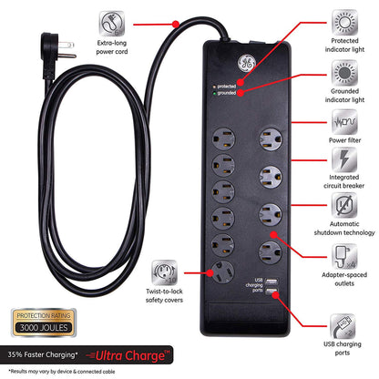 GE 10-Outlet 2-USB 6ft. Surge Protector With Twist-To-Close Safety Covers, Black