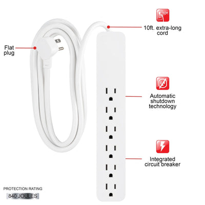 GE 6-Outlet 10ft. Surge Protector, White