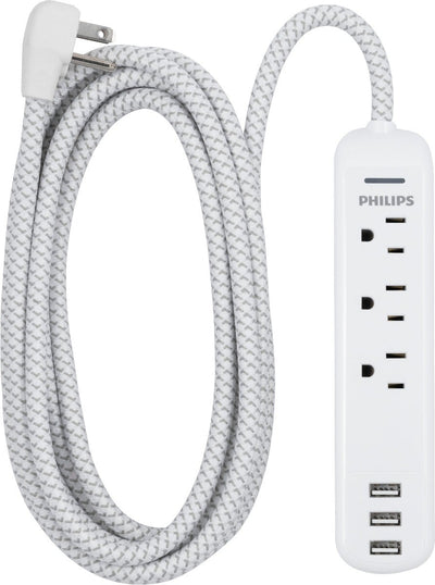Philips 3-Outlet 3-USB 6ft. Surge Protector with Braided Cord, White