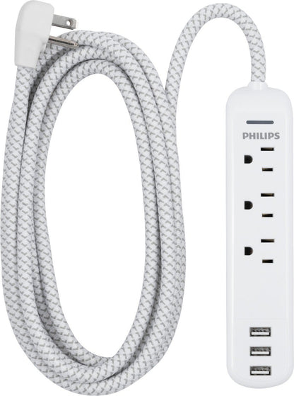 Philips 3-Outlet 3-USB 6ft. Surge Protector with Braided Cord, White