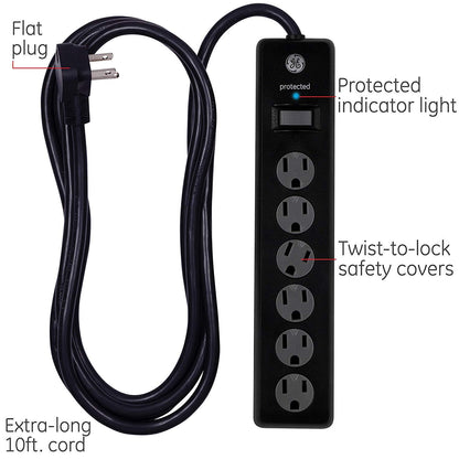 GE 6-Outlet 10ft. Surge Protector With Twist-To-Close Safety Covers, Black