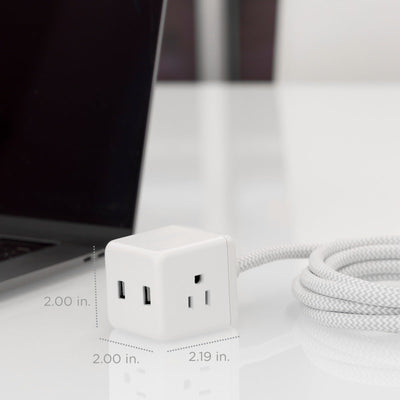 Cordinate 3-Outlet 2-USB 10ft. Braided Extension Cord Cube, White