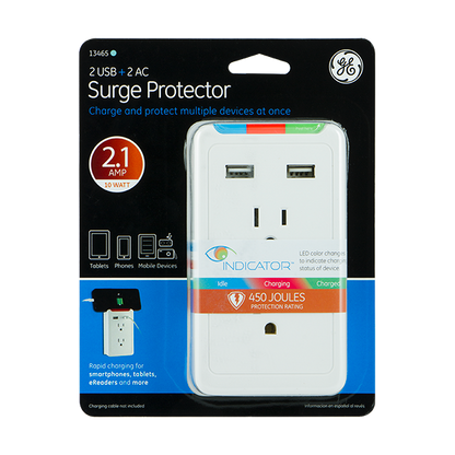 GE 2 USB + 2 AC Surge Protector with Eye Indicator Technology (White)