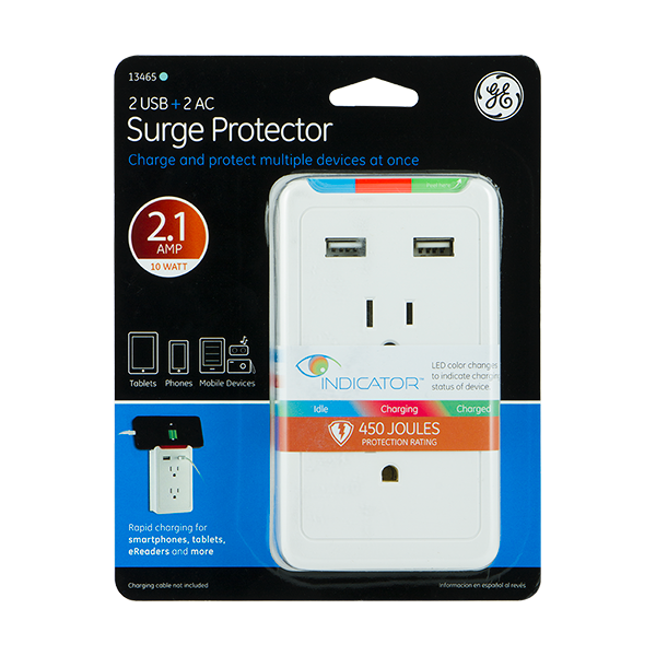 GE 2 USB + 2 AC Surge Protector with Eye Indicator Technology (White)