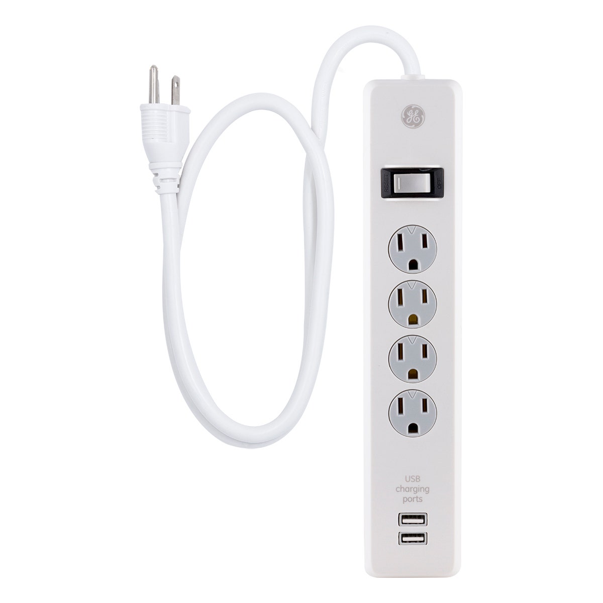 GE 4-Outlet 2-USB 3ft. Surge Protector With Twist-To-Close Safety Covers, White
