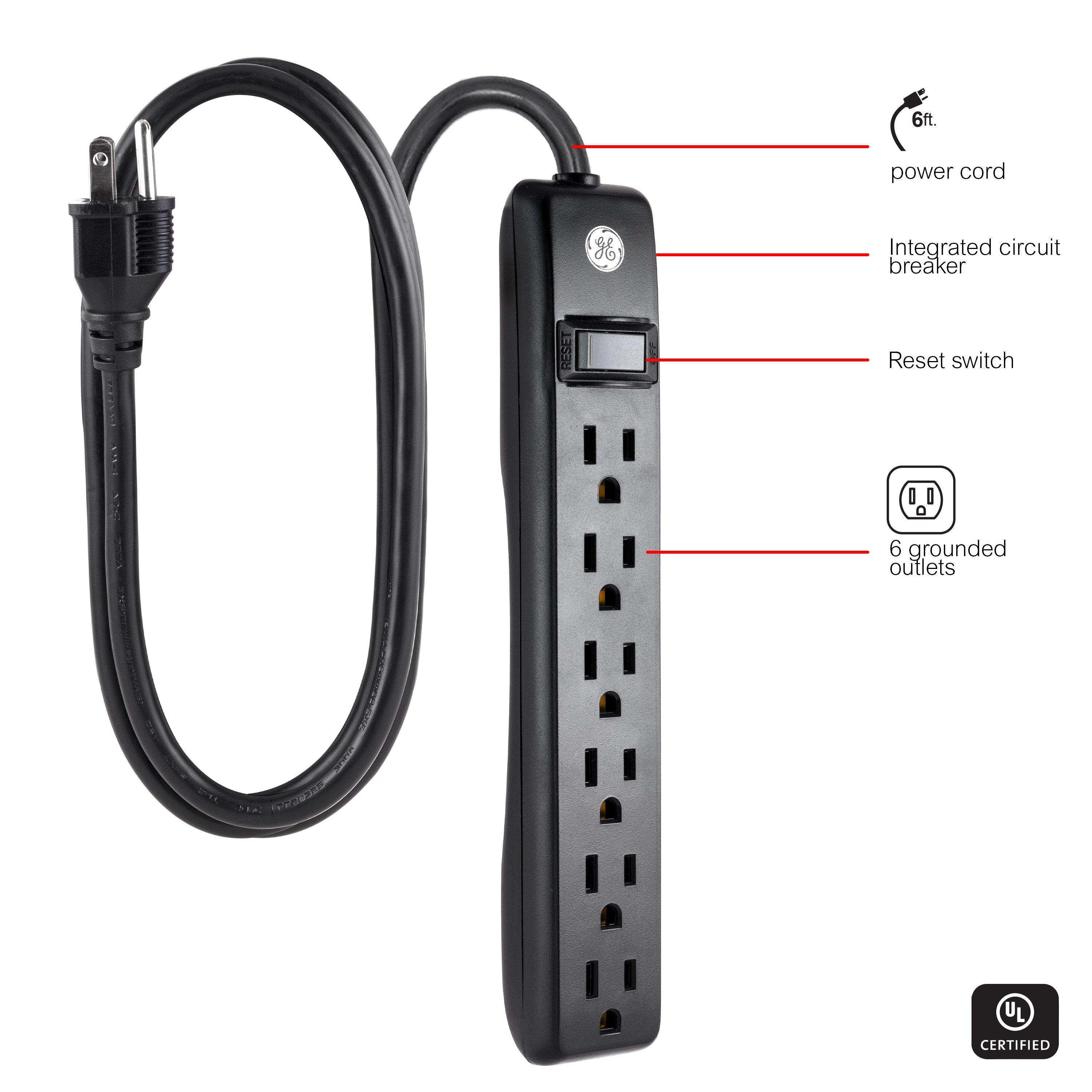 GE 6-Outlet 6ft. Power Strip, Black