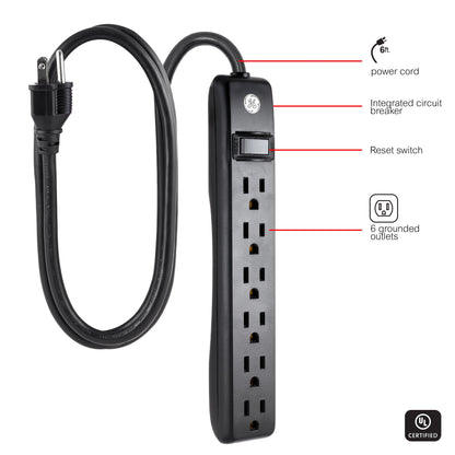 GE 6-Outlet 6ft. Power Strip, Black