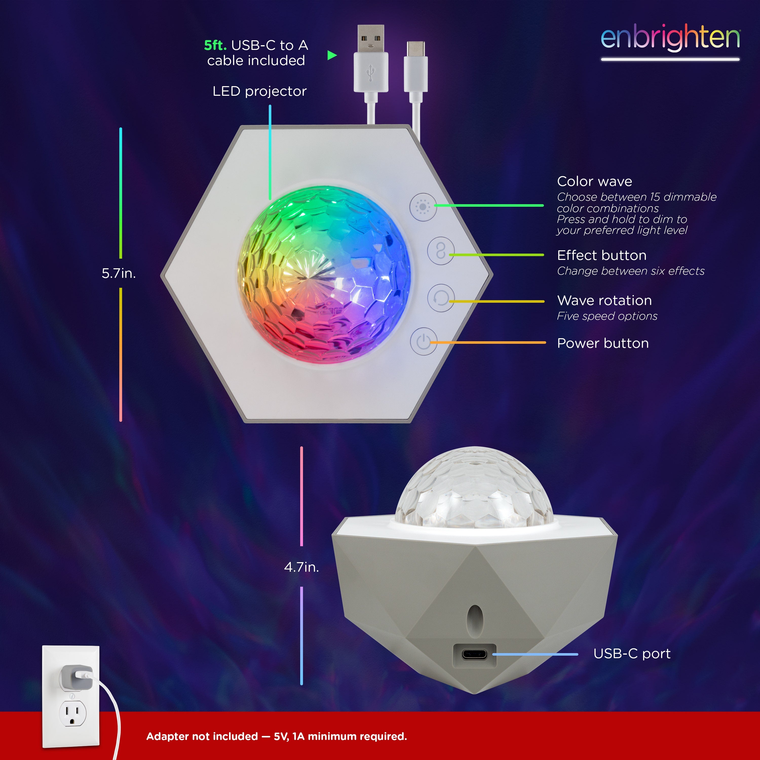 Enbrighten Galaxy Wave Mini Projector LED Tabletop Night Light, White