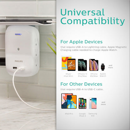 Philips 6-Outlet 2-USB Wall Tap with Surge Protection and Device Shelf, White