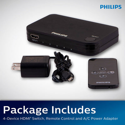 Philips Elite 4-Port HDMI Splitter Switch with Wireless Remote, Black