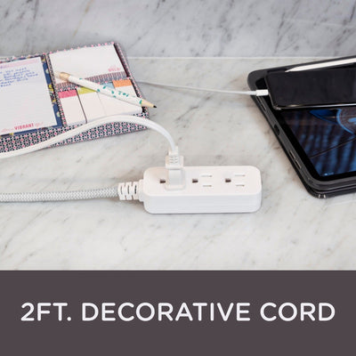 Cordinate 3-Outlet 2ft. Braided Extension Cord with Flat Plug, White/Gray