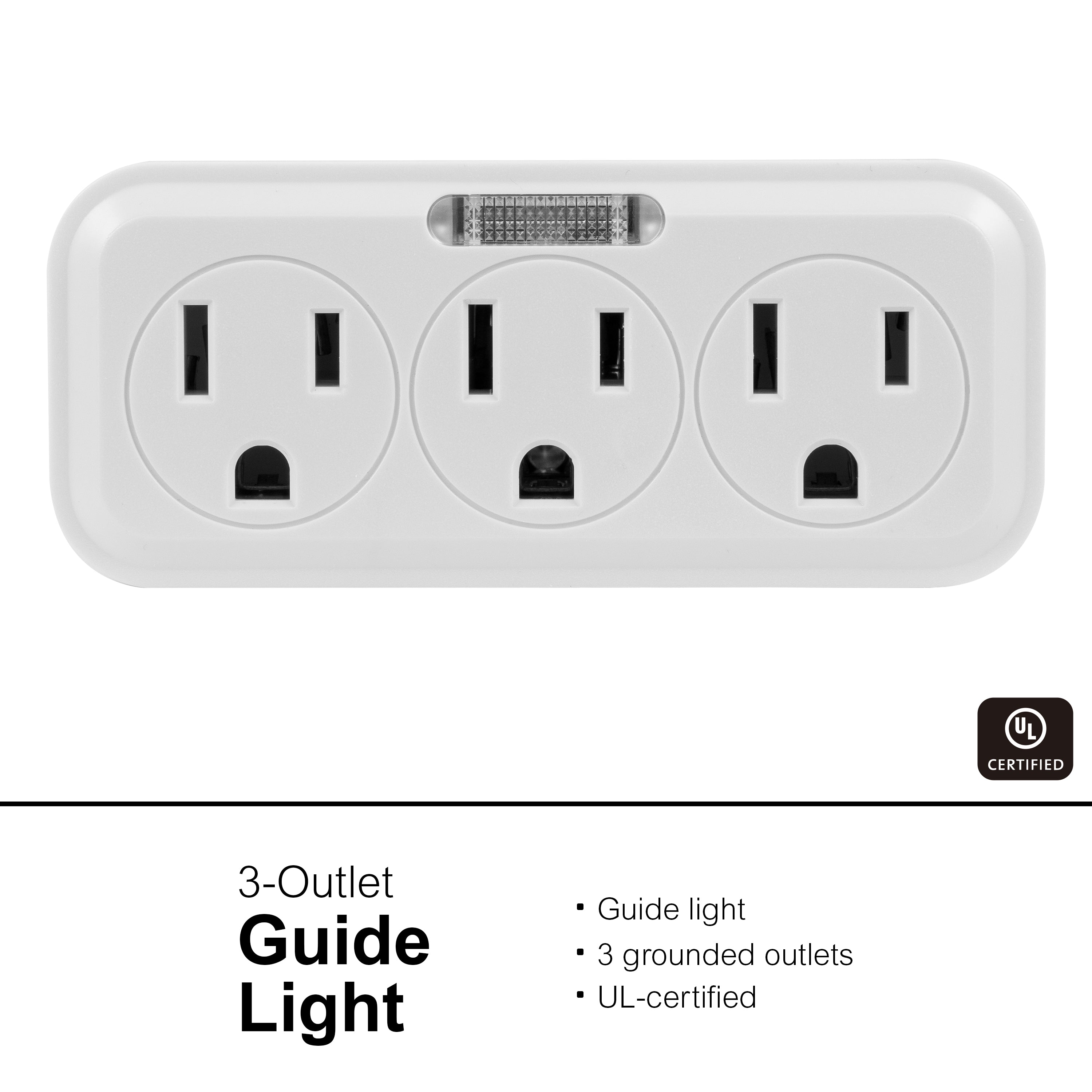 GE 3 Grounded Outlets Power Tap, Guidelight, 2 Pack, White