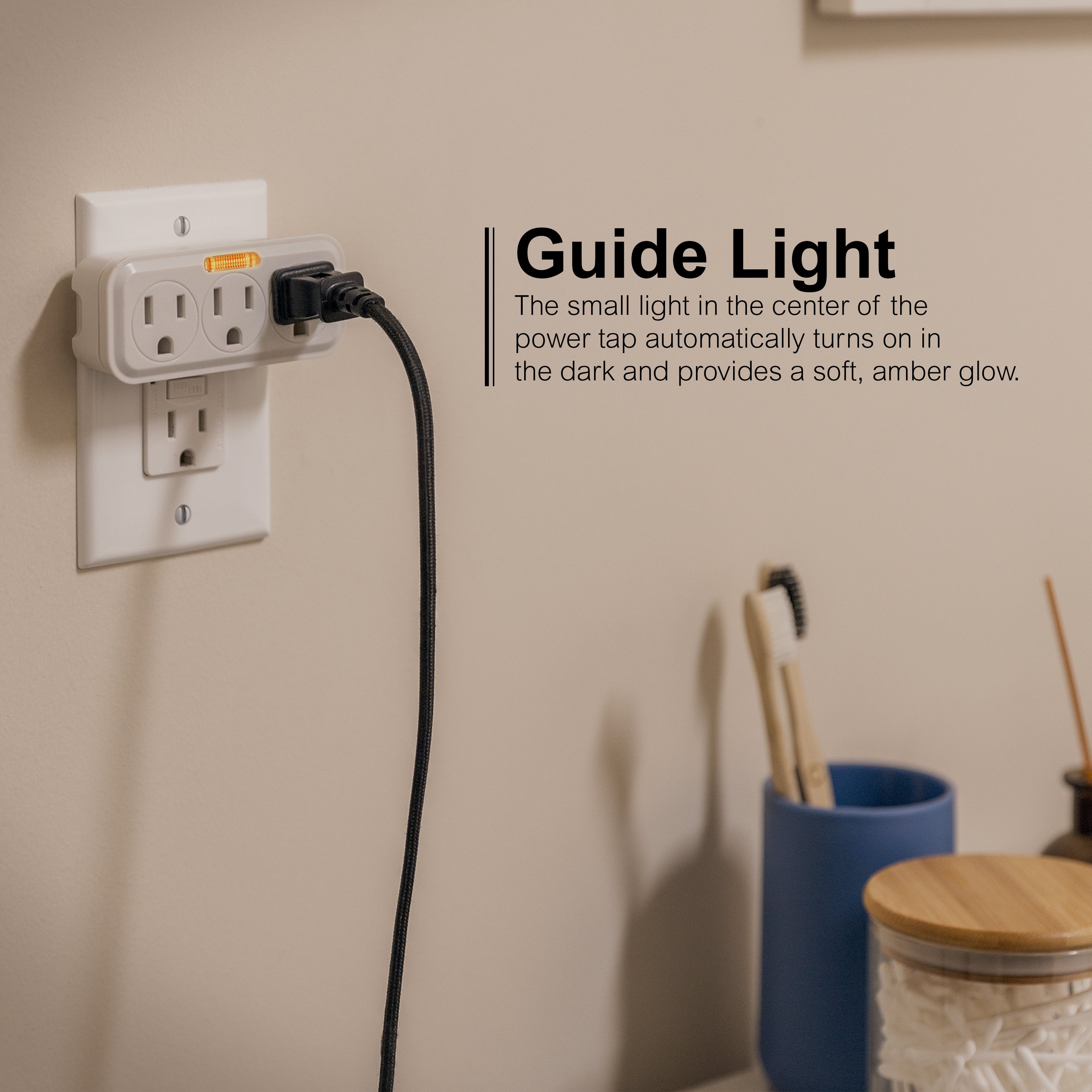 GE 3 Grounded Outlets Power Tap, Guidelight, 2 Pack, White