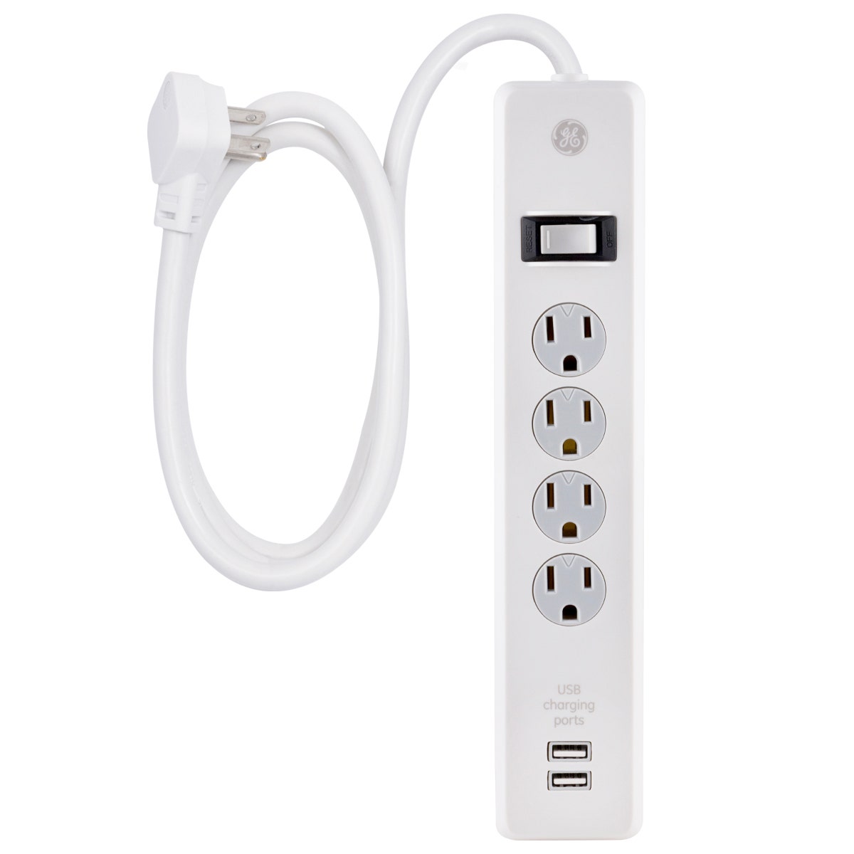 GE 4-Outlet 2-USB 6ft. Surge Protector with Twist-To-Close Safety Outlet Covers, White