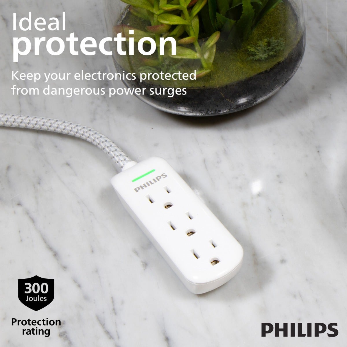 Philips 3-Outlet 8ft. Extension Cord with Surge Protection, White