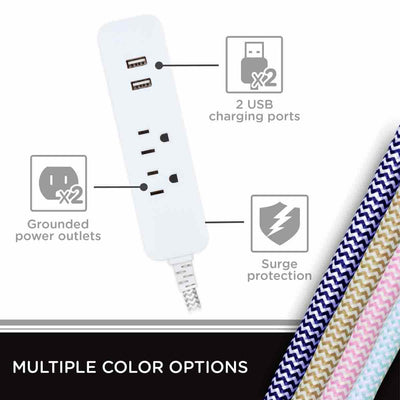 Cordinate 2-Outlet 2-USB 10ft. Braided Extension Cord with Surge Protection, White/Gray