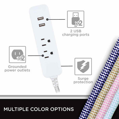 Cordinate 2-Outlet 2-USB 10ft. Braided Extension Cord with Surge Protection, White/Gray