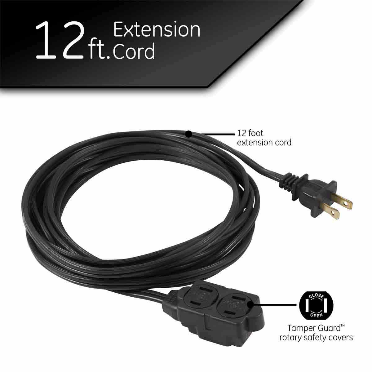 GE 3-Outlet 12ft. Extension Cord with twist-to-Close Outlets, Black
