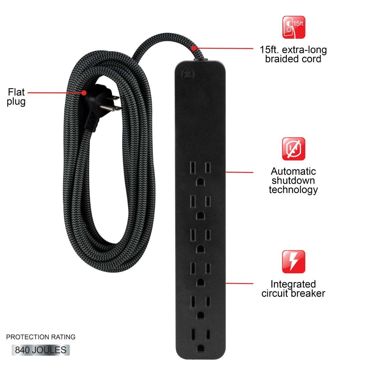 GE 6-Outlet Surge Protector 15ft. Braided Cord, Black