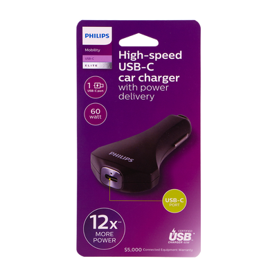 Philips 1-USB Car Charger with USB-C and Power Delivery, Black