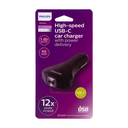 Philips 1-USB Car Charger with USB-C and Power Delivery, Black