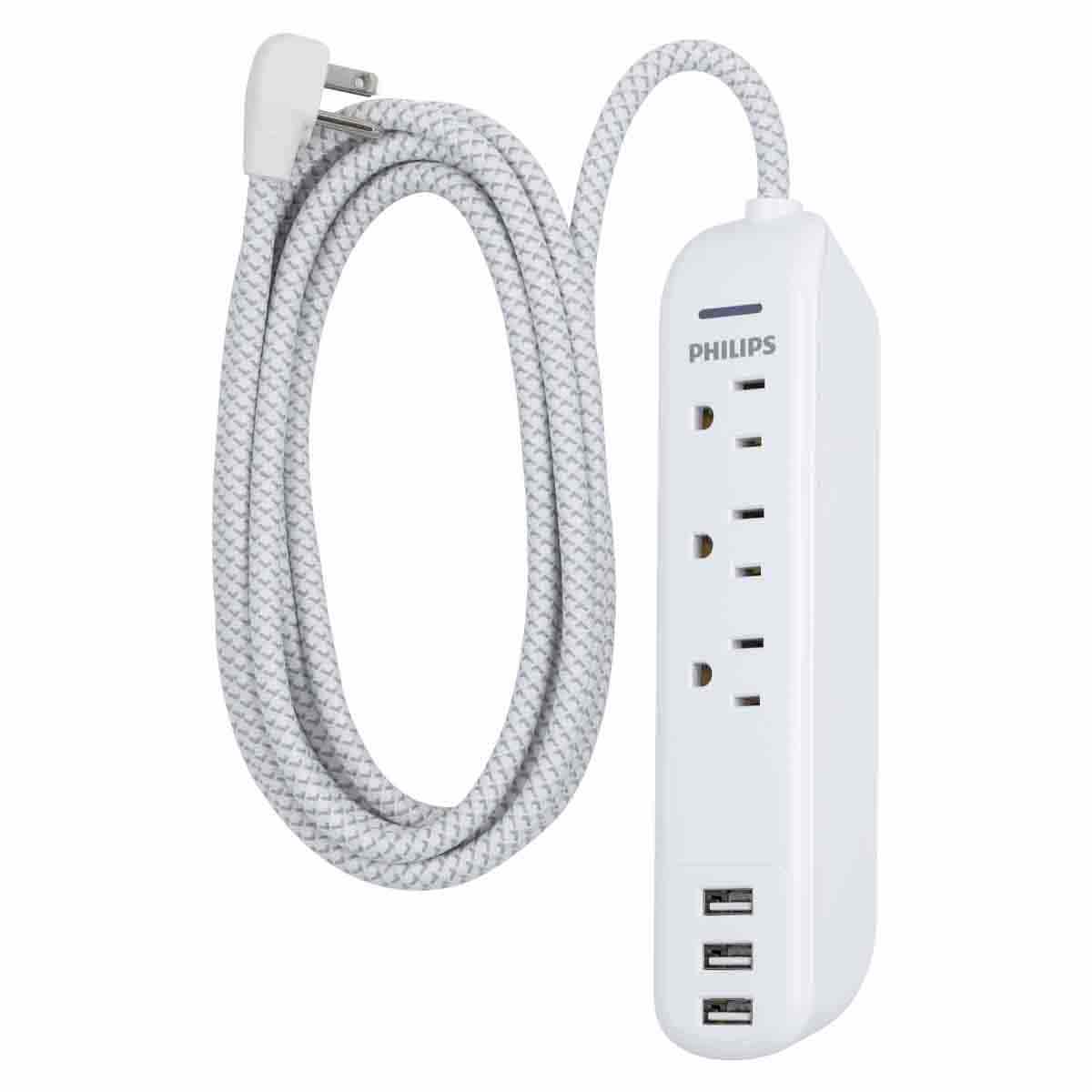 Philips 3-Outlet 3-USB 10ft. Surge Protector, White