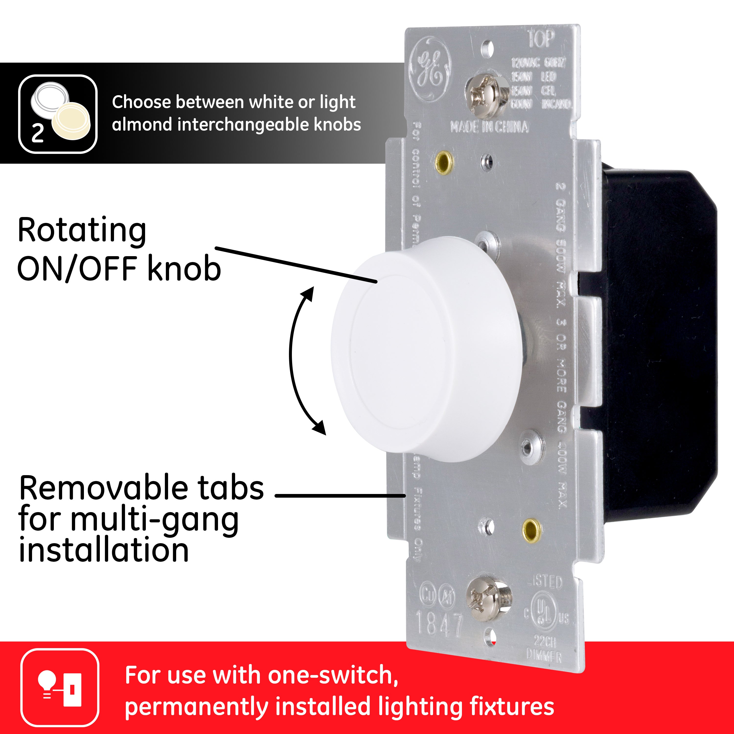 GE Single Pole Rotating Dimmer Switch