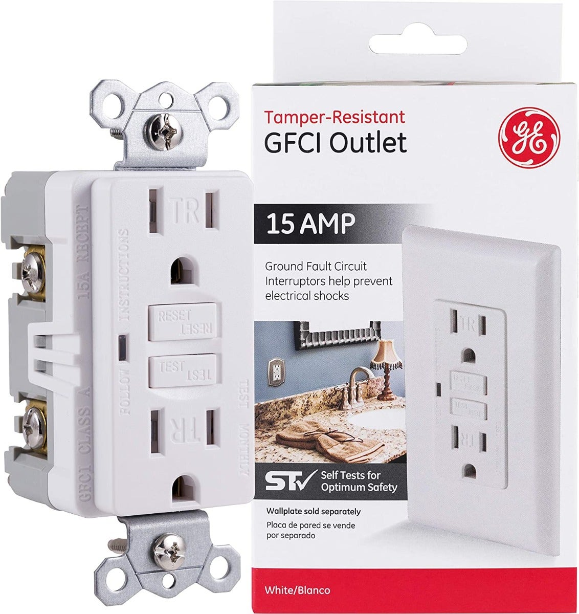 GE GFCI Tamper Resistant Receptacle with LED Indicator, White