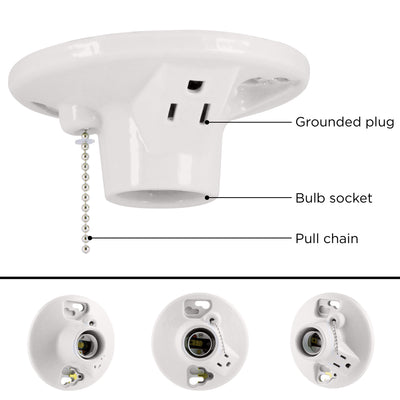 UltraPro Porcelain Lampholder, Medium Base, Pull Chain, Grounded Outlet, White, 2 Pack