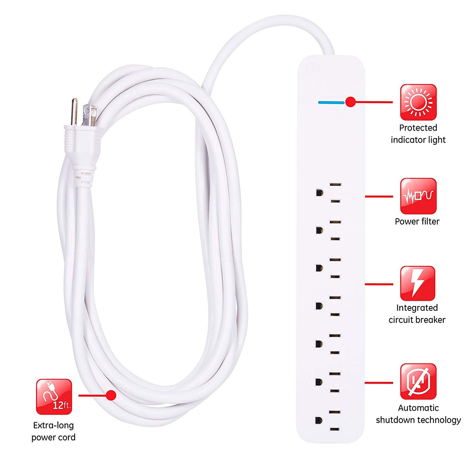GE Pro 7-Outlet 12ft. Surge Protector, White