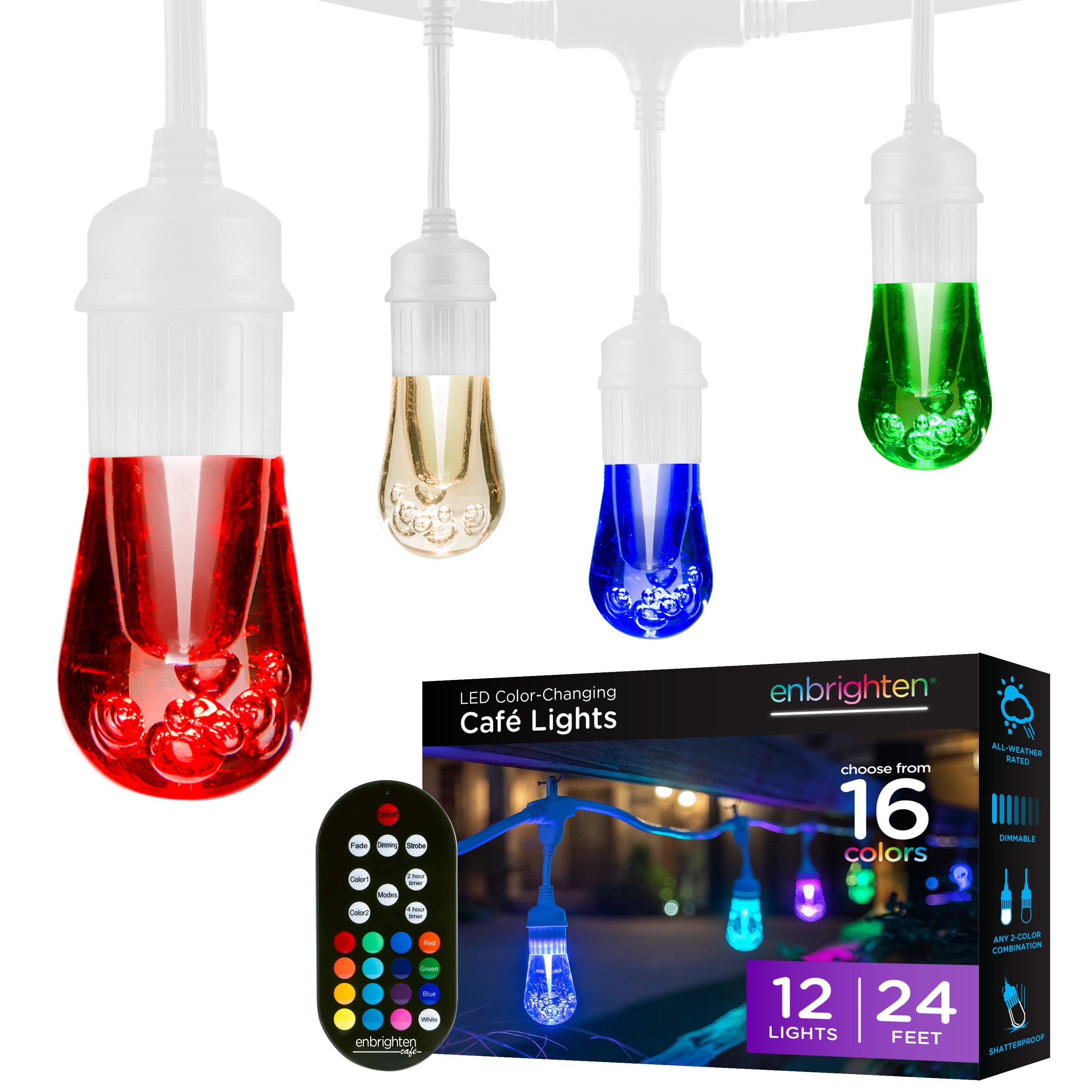 Enbrighten Seasons Color-Changing Vintage LED Cafe Lights,12 Bulbs, 24ft. White Cord