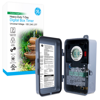 GE Outdoor Heavy-Duty 7-Day Digital Box Timer Switch with Universal Voltage, Gray