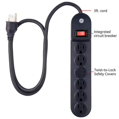 GE 6-Outlet 3ft. Power Strip with Twist-to-Close Safety Covers, Black