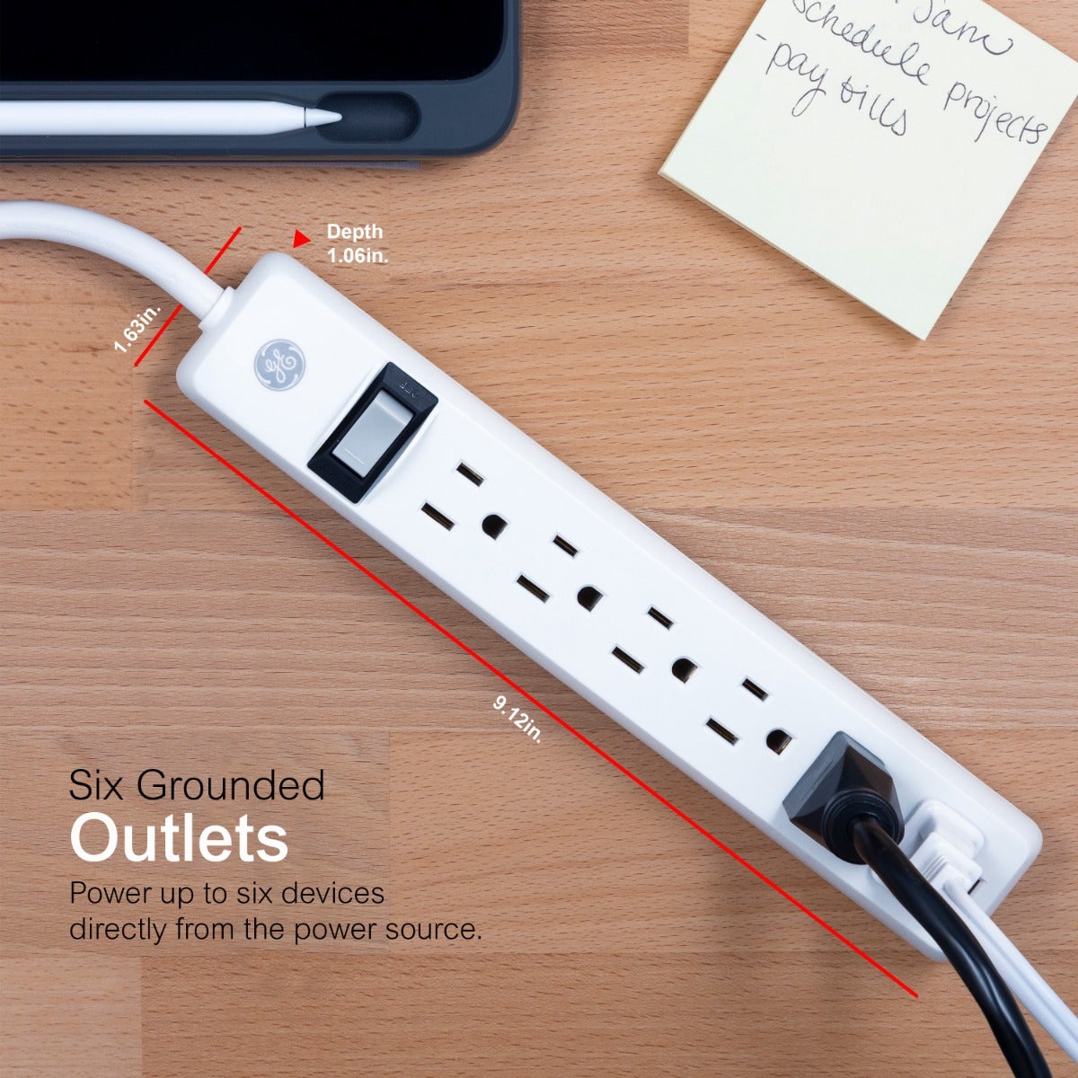 GE 6-Outlet Power Strip 8ft, White