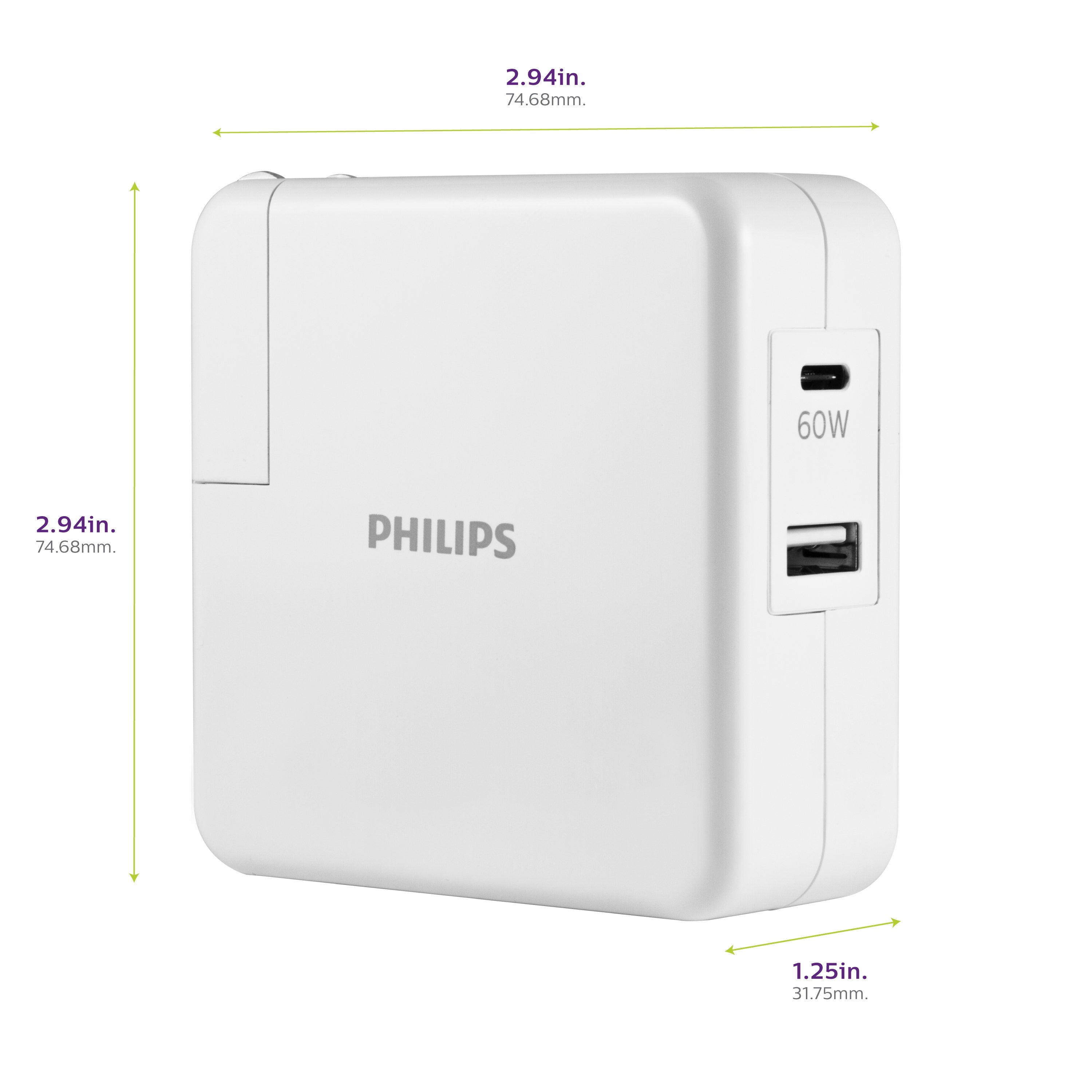 Philips USB-C USB-A Wall Charger with Power Delivery, White