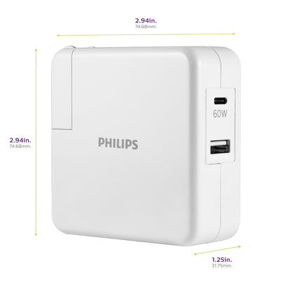 Philips USB-C USB-A Wall Charger with Power Delivery, White