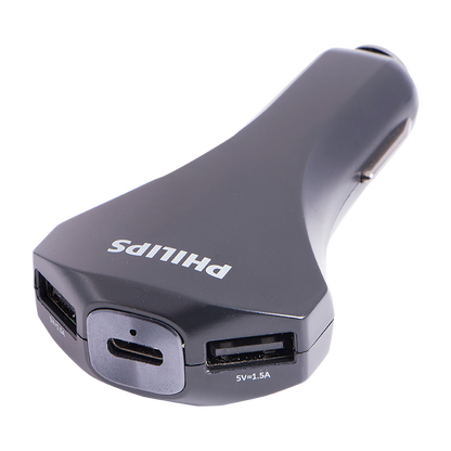 Philips 3-USB Car Charger with 1 USB-C and 2 USB-A and Power Delivery, Black