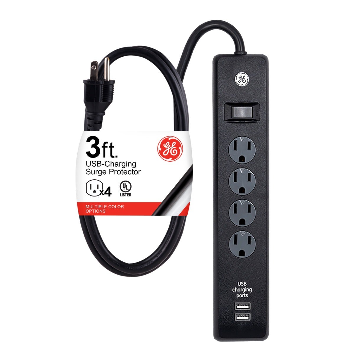 GE 4-Outlet 2-USB 3ft. Surge Protector With Twist-To-Close Safety Covers, Black