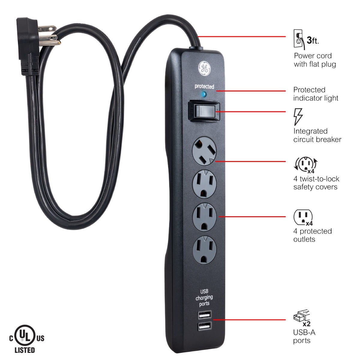 GE 4-Outlet 2-USB 3ft. Surge Protector, Black