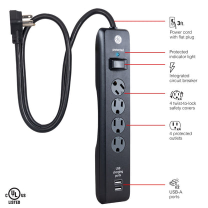 GE 4-Outlet 2-USB 3ft. Surge Protector, Black