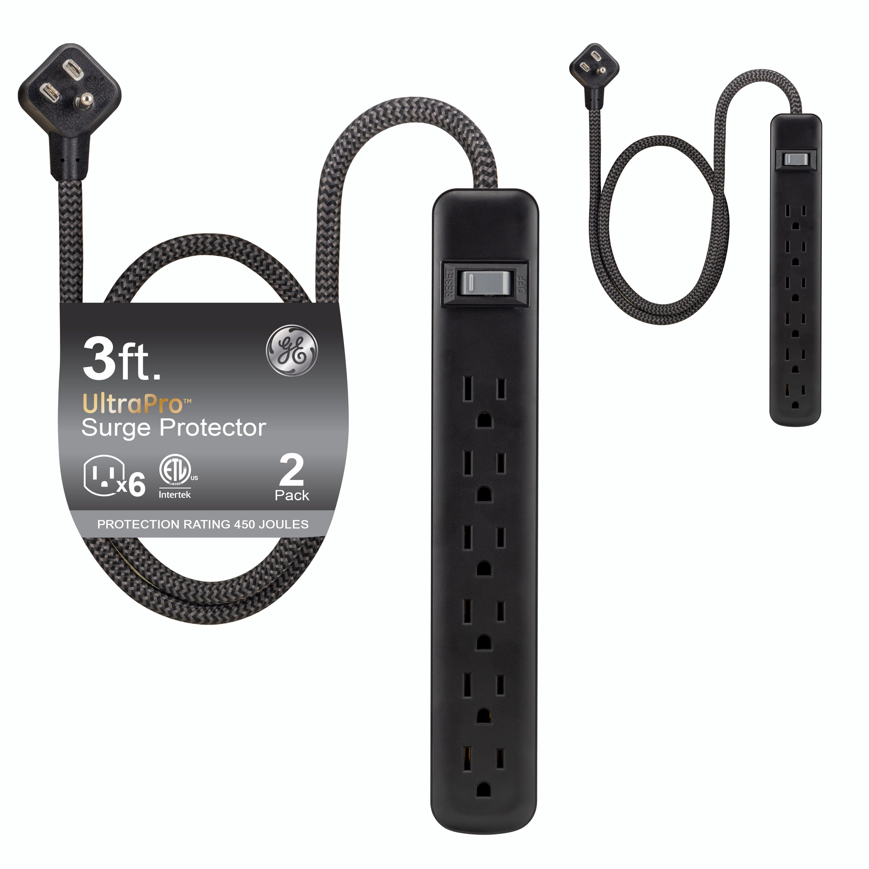 GE 6-Outlet 3ft. Surge Protector, 2 Pack, Black