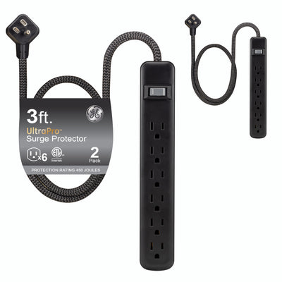 GE 6-Outlet 3ft. Surge Protector, 2 Pack, Black