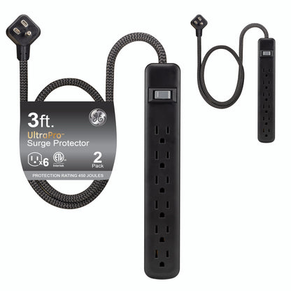 GE 6-Outlet 3ft. Surge Protector, 2 Pack, Black